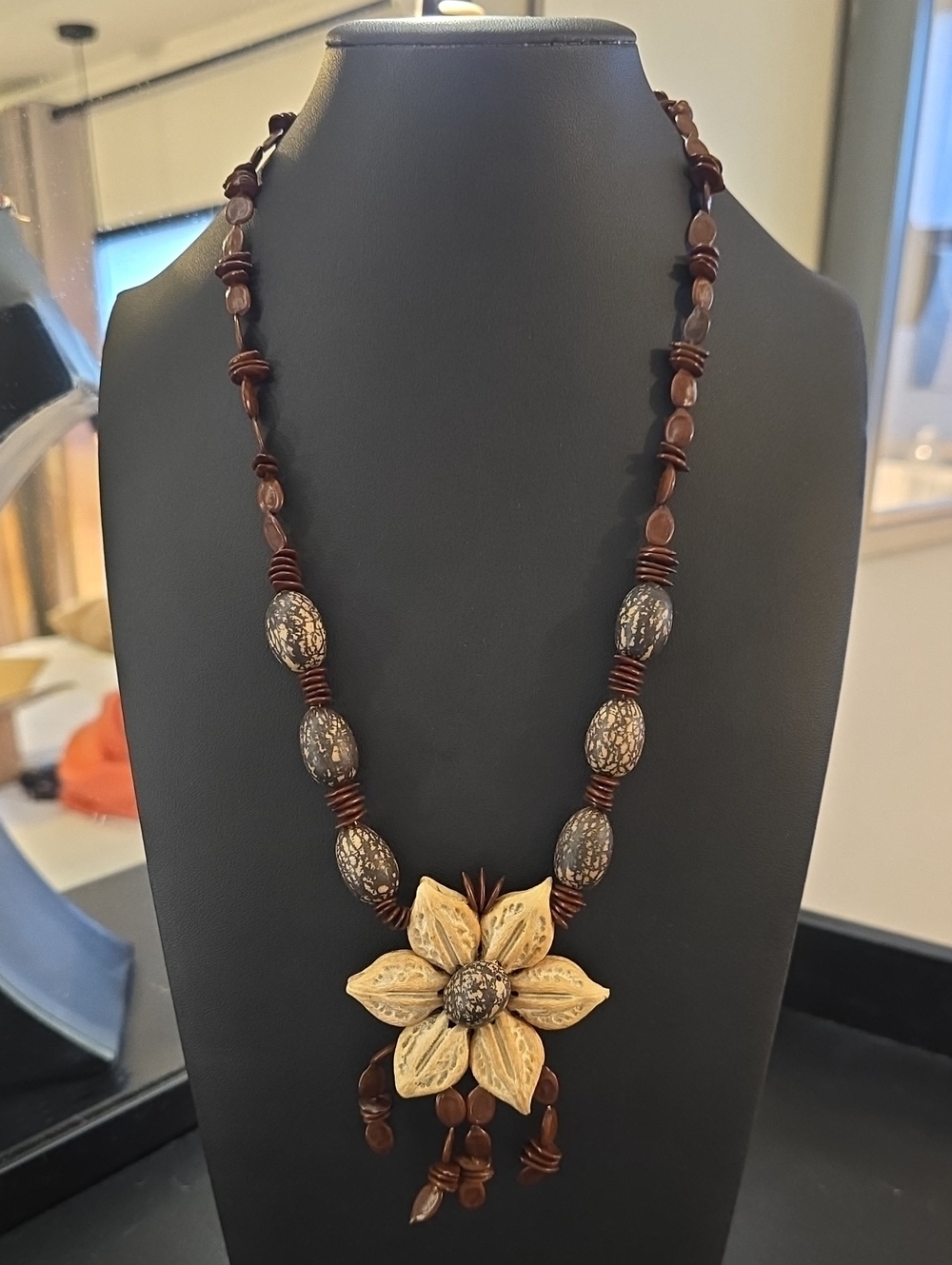 Handcrafted Brown & Beige Floral Seed Necklace